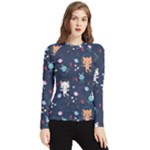 Cute Astronaut Cat With Star Galaxy Elements Seamless Pattern Women s Long Sleeve Rash Guard