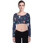 Cute Astronaut Cat With Star Galaxy Elements Seamless Pattern Velvet Long Sleeve Crop Top