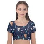 Cute Astronaut Cat With Star Galaxy Elements Seamless Pattern Velvet Short Sleeve Crop Top 