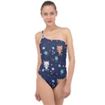 Cute Astronaut Cat With Star Galaxy Elements Seamless Pattern Classic One Shoulder Swimsuit