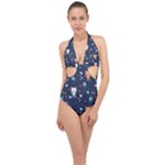 Cute Astronaut Cat With Star Galaxy Elements Seamless Pattern Halter Front Plunge Swimsuit