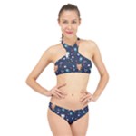 Cute Astronaut Cat With Star Galaxy Elements Seamless Pattern High Neck Bikini Set