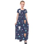 Cute Astronaut Cat With Star Galaxy Elements Seamless Pattern Kids  Short Sleeve Maxi Dress