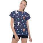 Cute Astronaut Cat With Star Galaxy Elements Seamless Pattern Ruffle Collar Chiffon Blouse