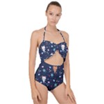 Cute Astronaut Cat With Star Galaxy Elements Seamless Pattern Scallop Top Cut Out Swimsuit