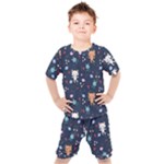 Cute Astronaut Cat With Star Galaxy Elements Seamless Pattern Kids  Tee and Shorts Set