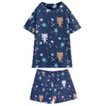 Cute Astronaut Cat With Star Galaxy Elements Seamless Pattern Kids  Swim Tee and Shorts Set