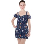 Cute Astronaut Cat With Star Galaxy Elements Seamless Pattern Ruffle Cut Out Chiffon Playsuit