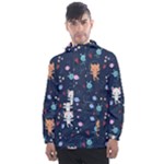 Cute Astronaut Cat With Star Galaxy Elements Seamless Pattern Men s Front Pocket Pullover Windbreaker