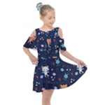 Cute Astronaut Cat With Star Galaxy Elements Seamless Pattern Kids  Shoulder Cutout Chiffon Dress