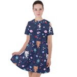 Cute Astronaut Cat With Star Galaxy Elements Seamless Pattern Short Sleeve Shoulder Cut Out Dress 