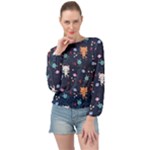 Cute Astronaut Cat With Star Galaxy Elements Seamless Pattern Banded Bottom Chiffon Top