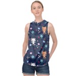 Cute Astronaut Cat With Star Galaxy Elements Seamless Pattern High Neck Satin Top