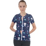 Cute Astronaut Cat With Star Galaxy Elements Seamless Pattern Short Sleeve Zip Up Jacket