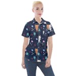 Cute Astronaut Cat With Star Galaxy Elements Seamless Pattern Women s Short Sleeve Pocket Shirt