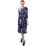 Cute Astronaut Cat With Star Galaxy Elements Seamless Pattern Ruffle End Midi Chiffon Dress