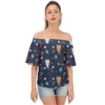 Cute Astronaut Cat With Star Galaxy Elements Seamless Pattern Off Shoulder Short Sleeve Top