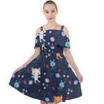 Cute Astronaut Cat With Star Galaxy Elements Seamless Pattern Cut Out Shoulders Chiffon Dress