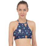 Cute Astronaut Cat With Star Galaxy Elements Seamless Pattern Racer Front Bikini Top