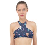 Cute Astronaut Cat With Star Galaxy Elements Seamless Pattern High Neck Bikini Top