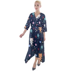 Quarter Sleeve Wrap Front Maxi Dress 