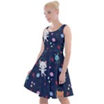 Cute Astronaut Cat With Star Galaxy Elements Seamless Pattern Knee Length Skater Dress