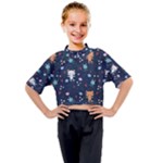 Cute Astronaut Cat With Star Galaxy Elements Seamless Pattern Kids Mock Neck Tee