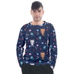 Cute Astronaut Cat With Star Galaxy Elements Seamless Pattern Men s Long Sleeve Raglan Tee