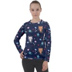 Cute Astronaut Cat With Star Galaxy Elements Seamless Pattern Women s Long Sleeve Raglan Tee