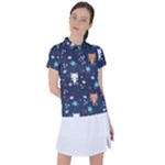 Cute Astronaut Cat With Star Galaxy Elements Seamless Pattern Women s Polo Tee