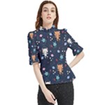 Cute Astronaut Cat With Star Galaxy Elements Seamless Pattern Frill Neck Blouse