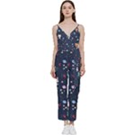 Cute Astronaut Cat With Star Galaxy Elements Seamless Pattern V-Neck Spaghetti Strap Tie Front Jumpsuit