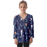 Cute Astronaut Cat With Star Galaxy Elements Seamless Pattern Kids  V Neck Casual Top