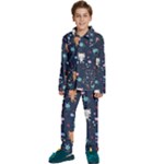 Cute Astronaut Cat With Star Galaxy Elements Seamless Pattern Kids  Long Sleeve Velvet Pajamas Set