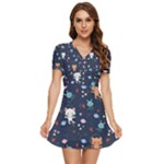 Cute Astronaut Cat With Star Galaxy Elements Seamless Pattern V-Neck High Waist Chiffon Mini Dress