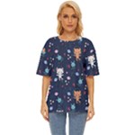 Cute Astronaut Cat With Star Galaxy Elements Seamless Pattern Oversized Basic Tee
