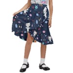 Cute Astronaut Cat With Star Galaxy Elements Seamless Pattern Kids  Ruffle Flared Wrap Midi Skirt