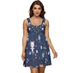 Cute Astronaut Cat With Star Galaxy Elements Seamless Pattern Ruffle Strap Babydoll Chiffon Dress