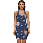 Cute Astronaut Cat With Star Galaxy Elements Seamless Pattern Sleeveless Wide Square Neckline Ruched Bodycon Dress