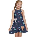 Cute Astronaut Cat With Star Galaxy Elements Seamless Pattern Kids  Halter Collar Waist Tie Chiffon Dress