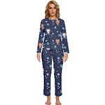 Cute Astronaut Cat With Star Galaxy Elements Seamless Pattern Womens  Long Sleeve Lightweight Pajamas Set