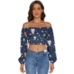 Cute Astronaut Cat With Star Galaxy Elements Seamless Pattern Long Sleeve Crinkled Weave Crop Top