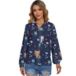 Cute Astronaut Cat With Star Galaxy Elements Seamless Pattern Women s Long Sleeve Button Up Shirt