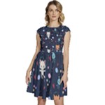 Cute Astronaut Cat With Star Galaxy Elements Seamless Pattern Cap Sleeve High Waist Dress