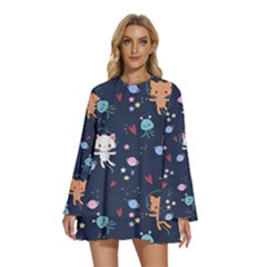 Round Neck Long Sleeve Bohemian Style Chiffon Mini Dress 