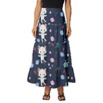 Cute Astronaut Cat With Star Galaxy Elements Seamless Pattern Tiered Ruffle Maxi Skirt