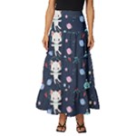 Cute Astronaut Cat With Star Galaxy Elements Seamless Pattern Tiered Ruffle Maxi Skirt