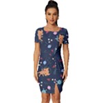 Cute Astronaut Cat With Star Galaxy Elements Seamless Pattern Fitted Knot Split End Bodycon Dress