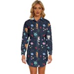 Cute Astronaut Cat With Star Galaxy Elements Seamless Pattern Womens Long Sleeve Shirt Dress