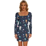 Cute Astronaut Cat With Star Galaxy Elements Seamless Pattern Long Sleeve Square Neck Bodycon Velvet Dress